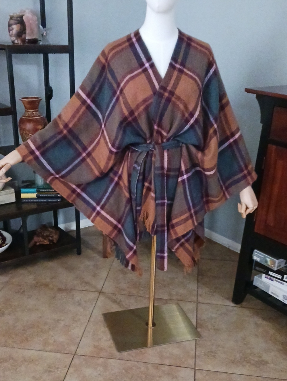 David and Young Caramel and Teal Plaid Fringe Wrap